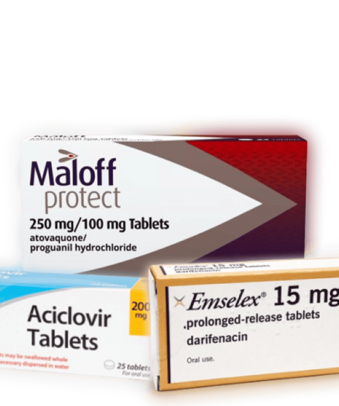 A variety of medication boxes, including Maloff protect (250 mg/100 mg) tablets, Aciclovir tablets, and Emselex (15 mg) prolonged-release tablets.