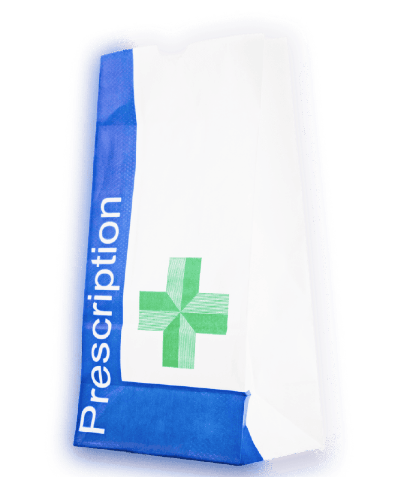 A white and blue prescription paper bag with a green cross symbol on it.