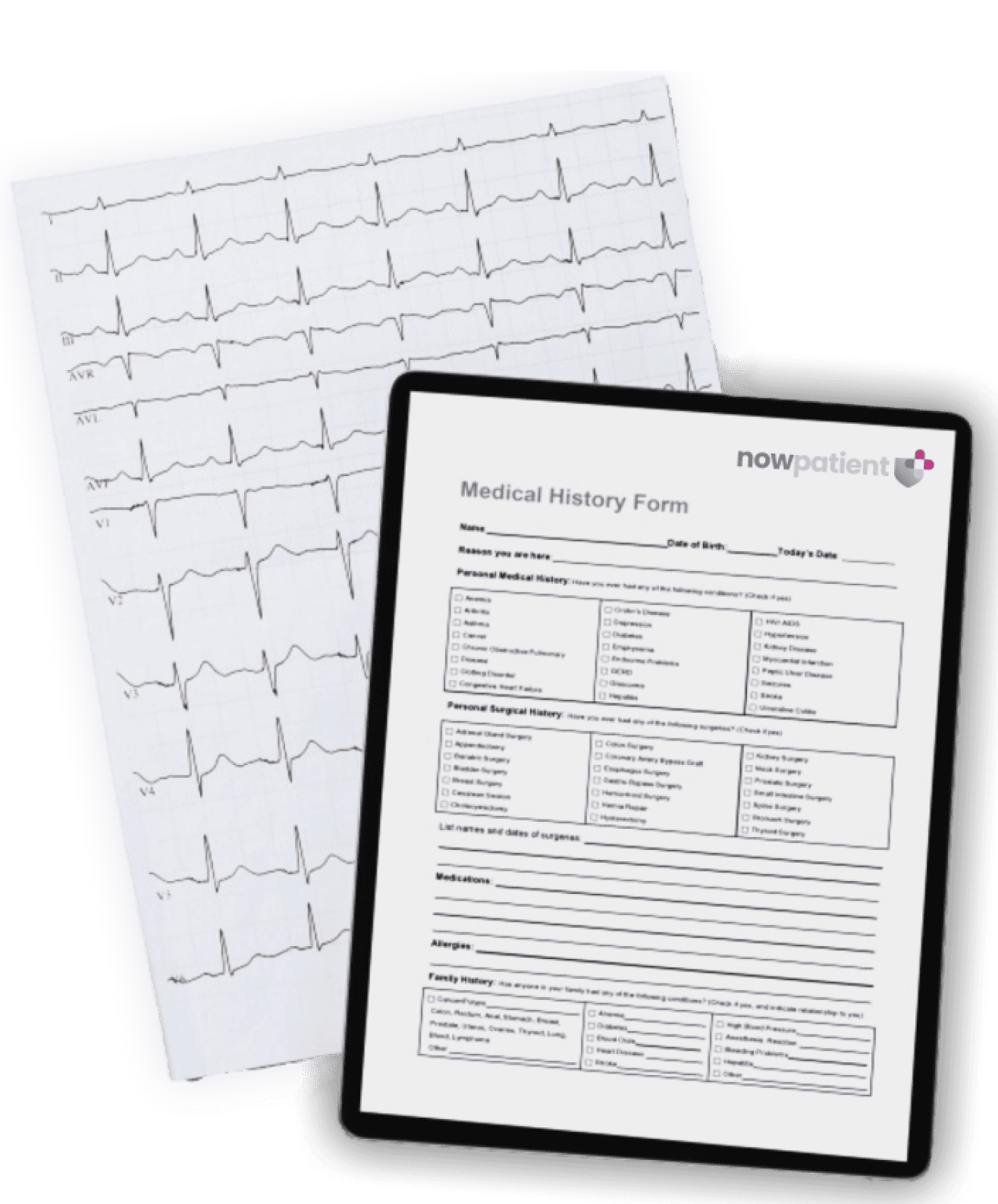 An electrocardiogram (ECG) printout and a "Medical History Form" from NowPatient are placed side by side. The tablet displays the form while the ECG shows heart activity data.
