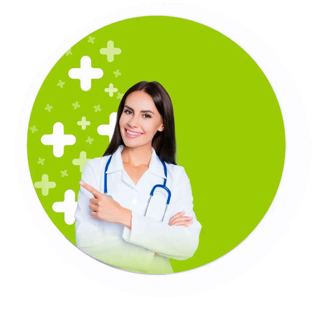 A woman in a white medical coat with a stethoscope smiles and points to her right, standing in front of a green background with white plus signs.