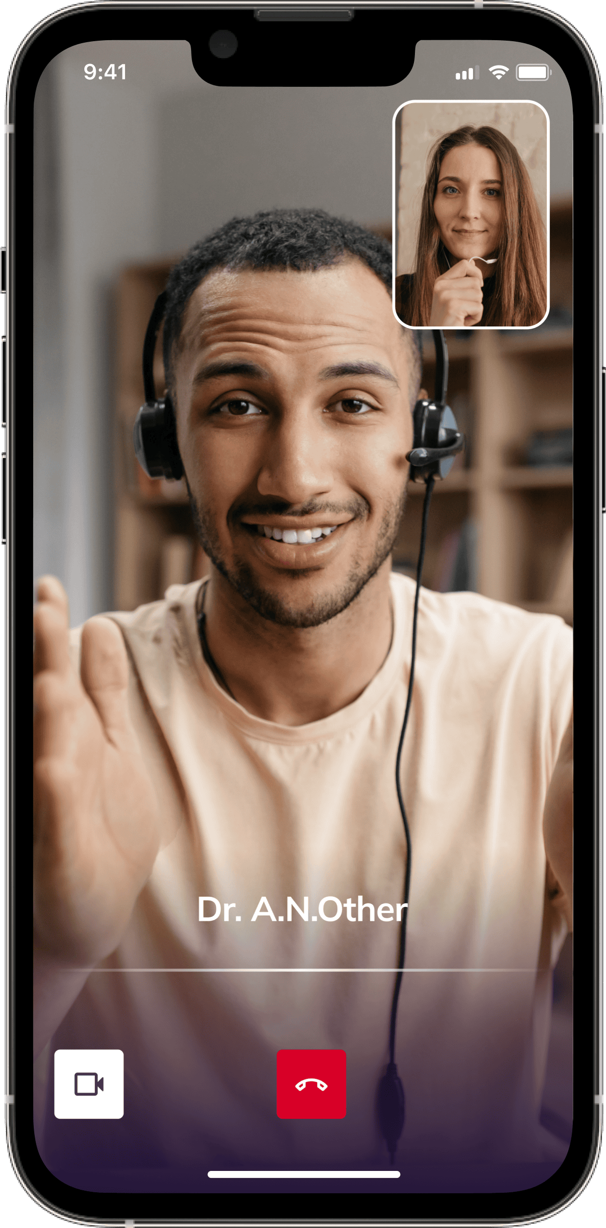 A man with a headset is on a video call with a woman, displayed on a smartphone screen. The man's name, "Dr. A.N.Other," is shown at the bottom of the screen.