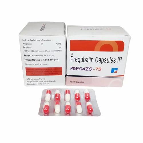 A box labeled "Pregabalin Capsules IP PREGAZO-75" next to a blister pack of red and white capsules, offering a stronger alternative to gabapentin.