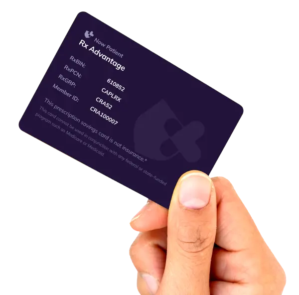 A hand holding a dark-colored prescription savings card with various ID numbers and the label "Rx Advantage." Text below states the card is not insurance and cannot be used for Medicare or Medicaid.