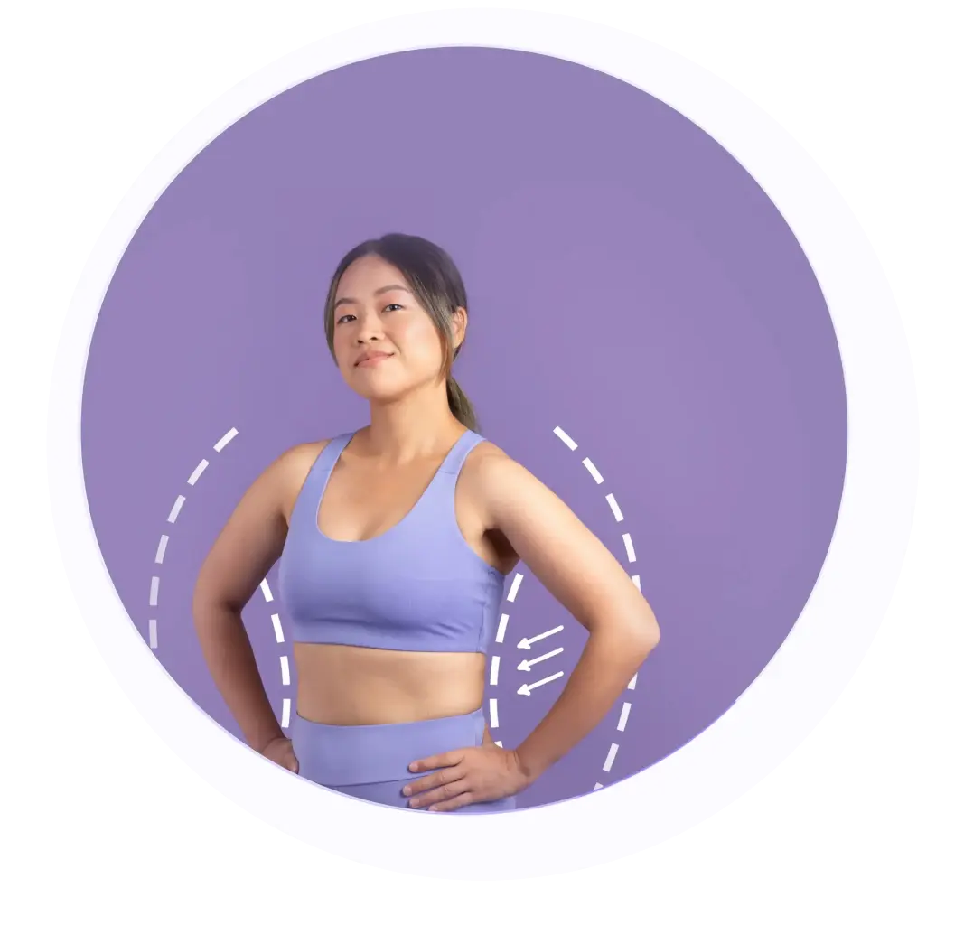 A woman in a purple sports bra and leggings stands confidently against a matching purple background with her hands on her hips. White dashed lines accent the image.