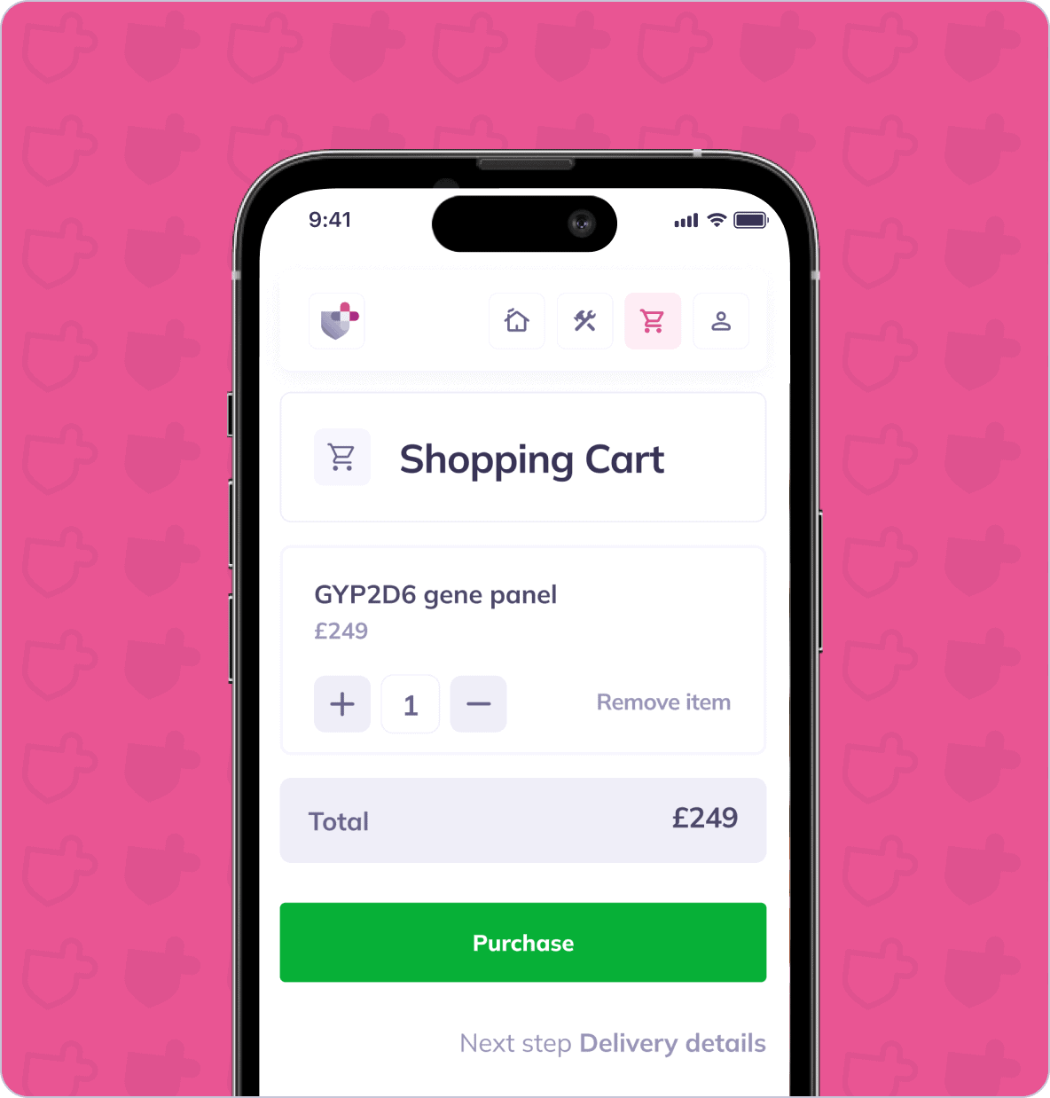 A smartphone screen displays a shopping cart for a GYP2D6 gene panel costing £249, with options to adjust quantity and remove item. A green "Purchase" button and "Next step Delivery details" are shown below.