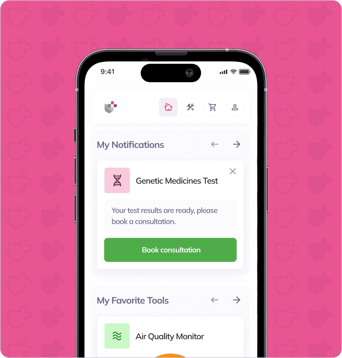 A smartphone screen displays a health app with a notification about Genetic Medicines Test results and a prompt to book a consultation. The background is pink with a subtle shield pattern.