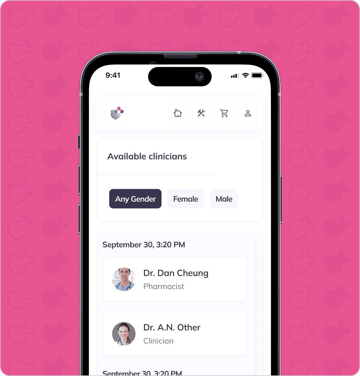 Mobile app interface showing a list of available clinicians filtered by gender. The screen lists Dr. Dan Cheung, Pharmacist, and Dr. A.N. Other, Clinician, with their respective appointment times.