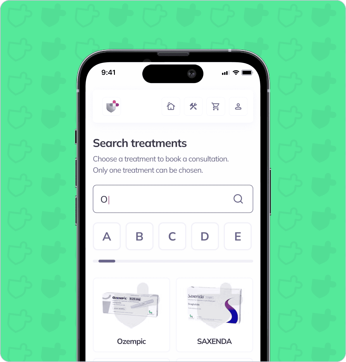 A smartphone screen shows a medical app with options to search for treatments. The user is typing into the search bar. Ozempic and Saxenda are displayed as treatment options below the search bar.