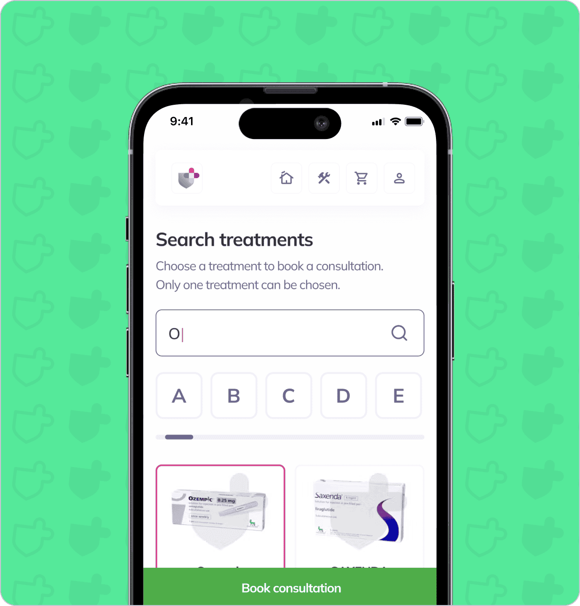 Smartphone screen displays a search function for medical treatments, with options to choose and book a consultation. The background is green with shield icons.