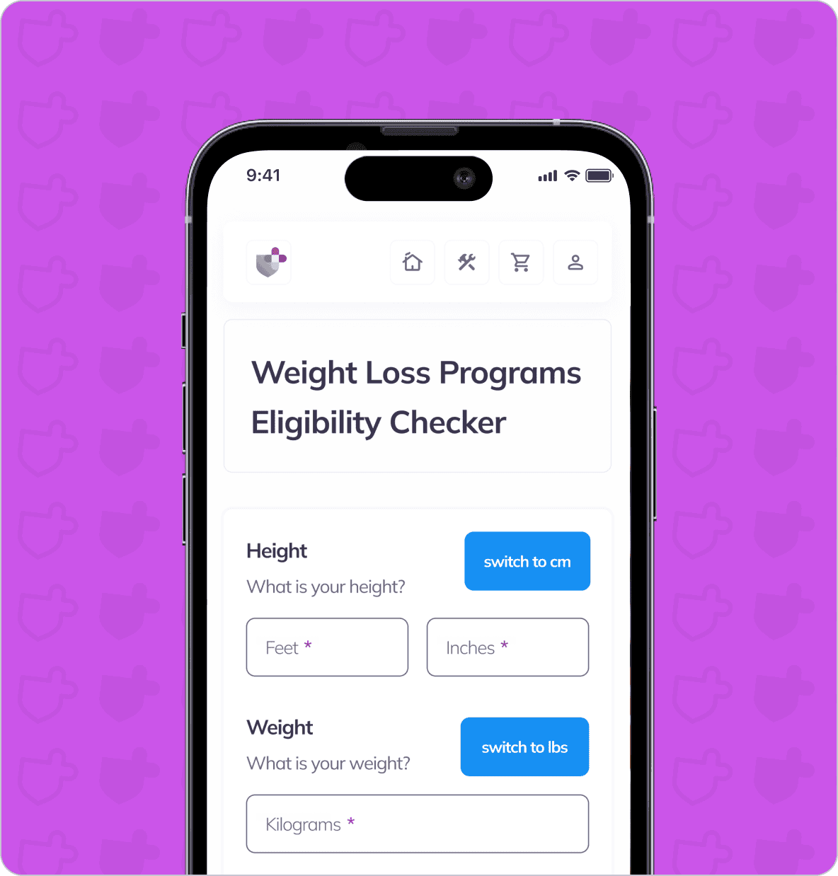 A smartphone screen displaying a weight loss program eligibility checker with fields for height and weight in different units. The screen has a purple background with shield icons.