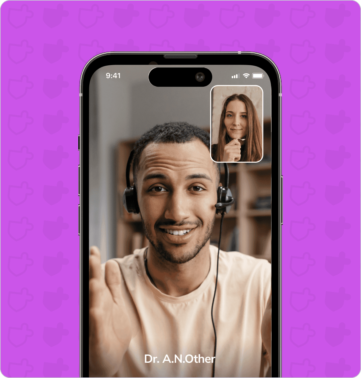 A smartphone screen shows a video call between a man wearing a headset and a woman. The man's label reads "Dr. A.N.Other". The background is purple with shield icons.