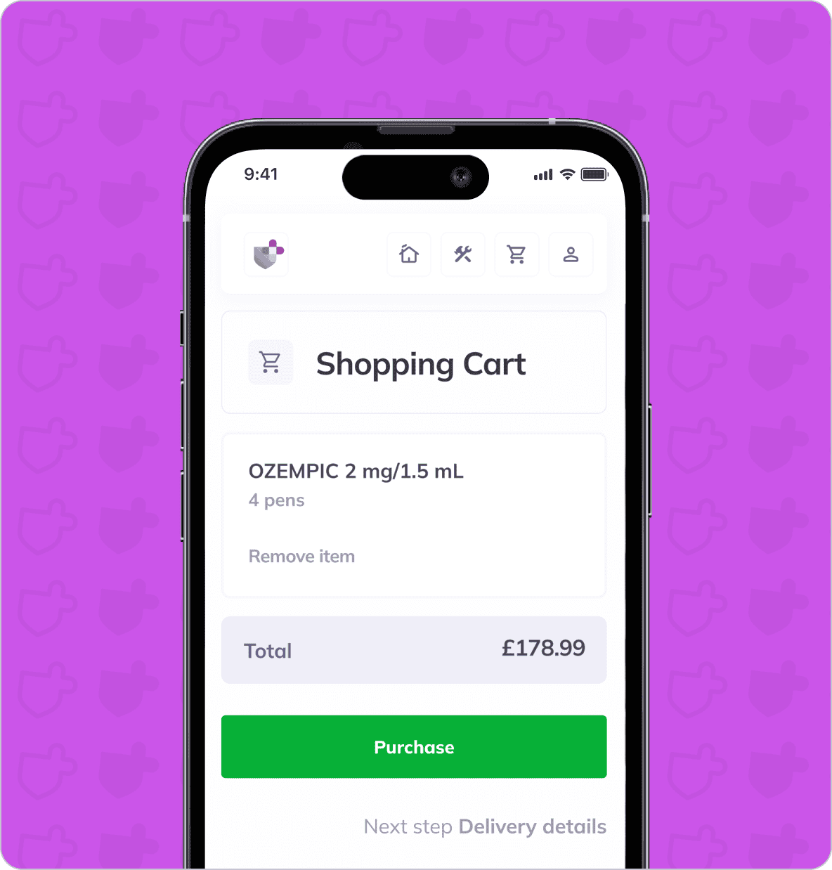 A smartphone screen displaying a shopping cart for "OZEMPIC 2 mg/1.5 mL" with a quantity of 4 pens and a total cost of £178.99. There is a "Purchase" button and an option to remove the item.