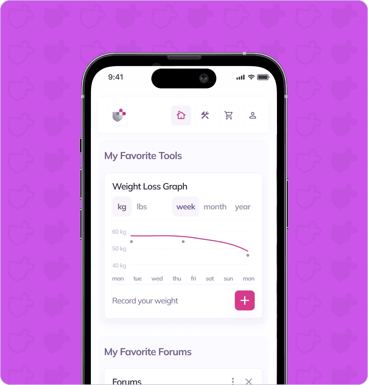A smartphone screen displays a weight loss app showing a graph for weekly weight tracking in kg. The app interface is in white and pink colors with additional feature icons at the top.