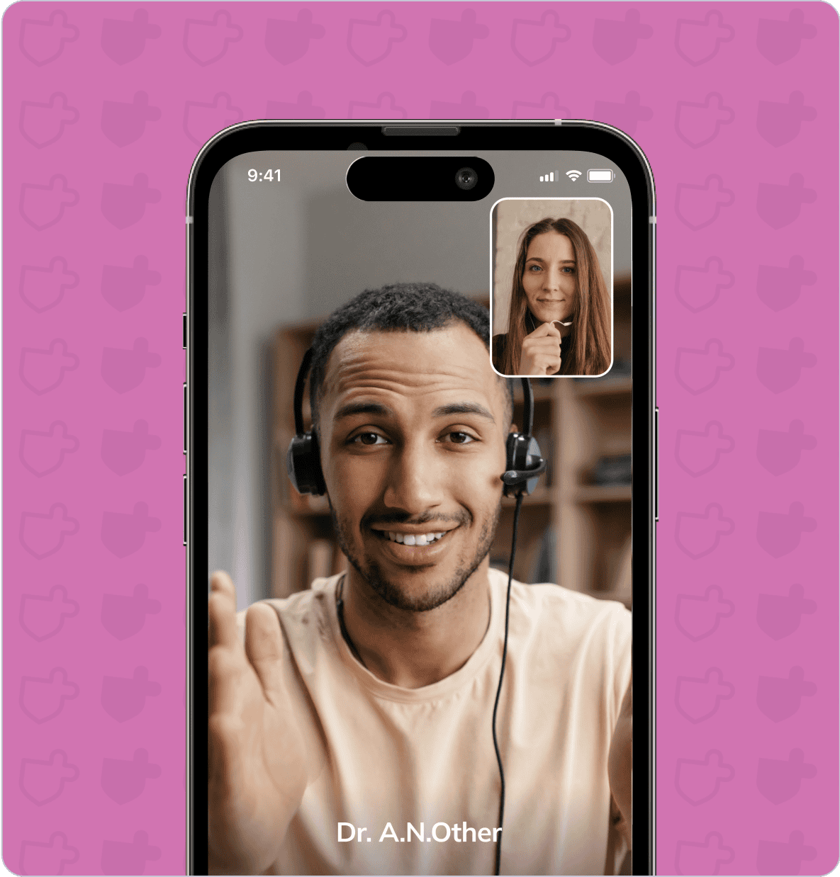 A man wearing headphones is video chatting with a woman on a smartphone screen.