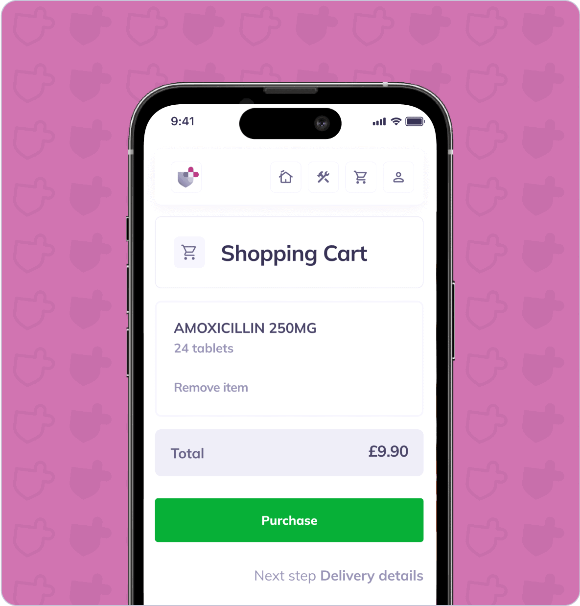 A smartphone displaying a shopping cart screen for purchasing 24 tablets of Amoxicillin 250mg for £9.90, with an option to remove the item and a button to proceed to delivery details.