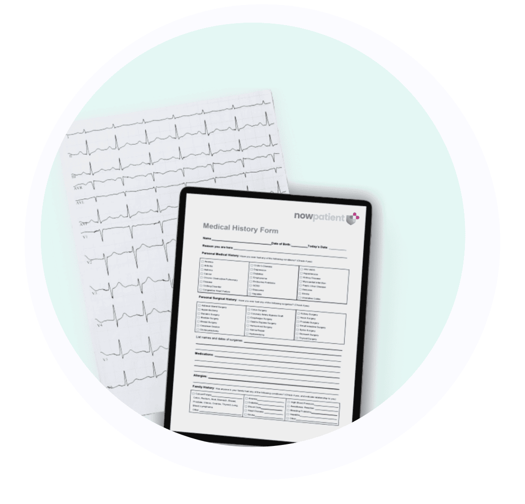 An ECG printout and a tablet displaying a 'Medical History Form' from "nowpatient" are placed together against a light background.