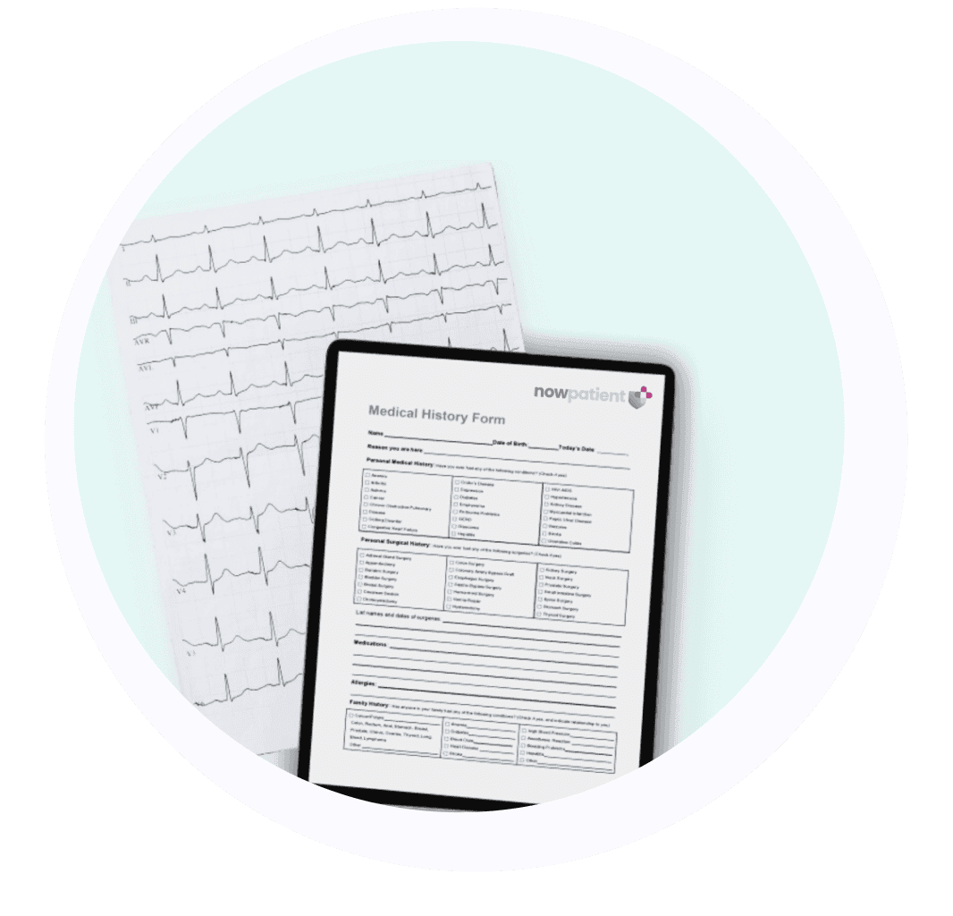 An ECG printout and a tablet displaying a 'Medical History Form' from "nowpatient" are placed together against a light background.