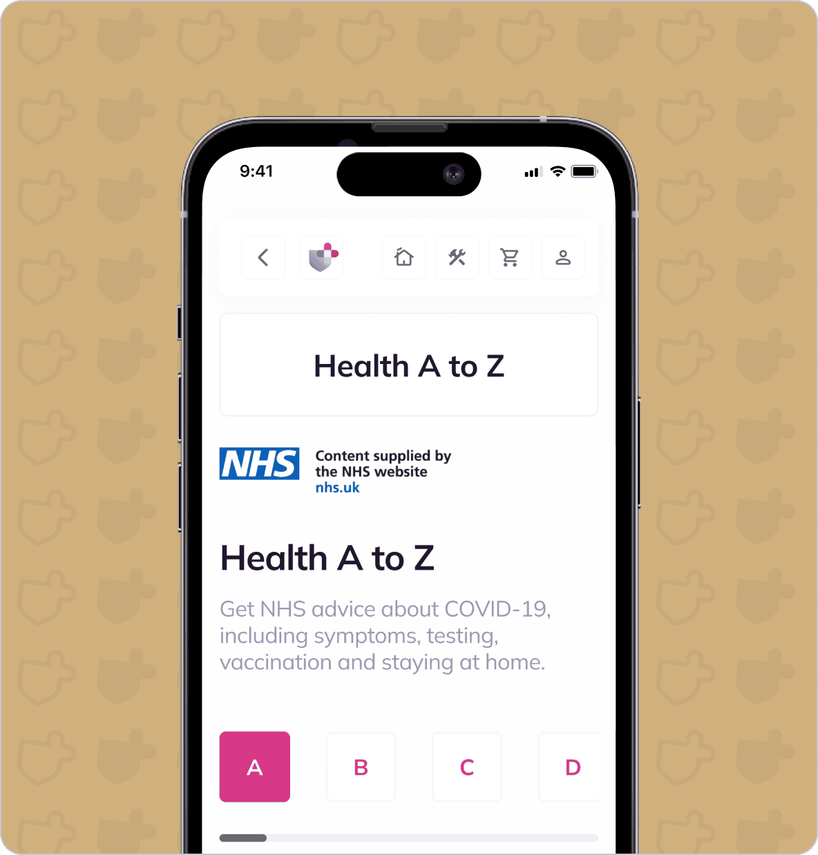 A smartphone displaying the NHS "Health A to Z" webpage, featuring advice on COVID-19 symptoms, testing, vaccination, and staying at home.