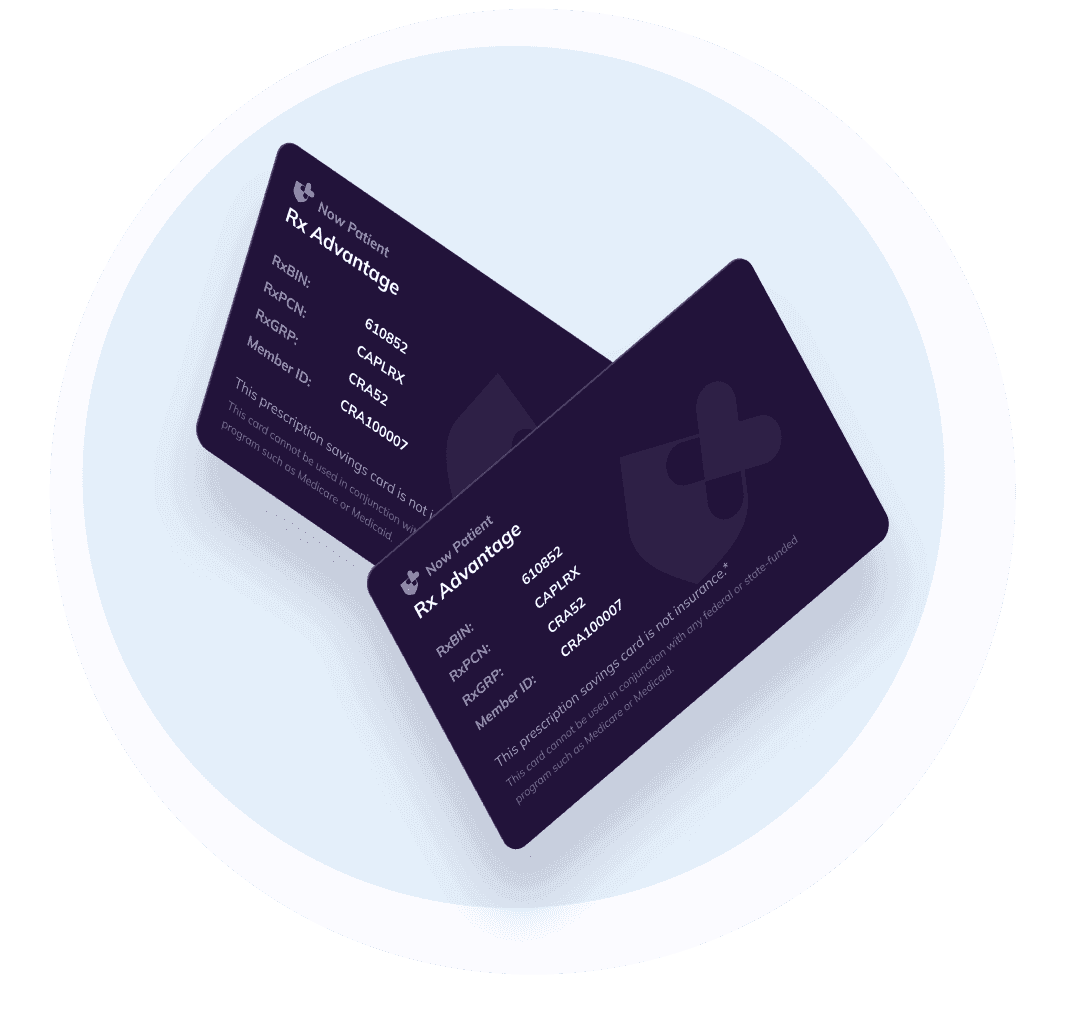 Two overlapping prescription discount cards labeled "Rx Advantage," with details including BIN, PCN, Group, and Member ID numbers. Background is light blue within a white circular frame.