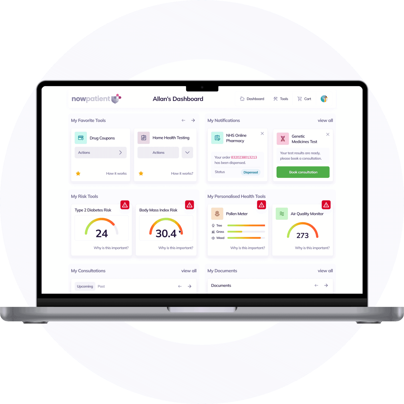 A laptop screen displays a dashboard with various health metrics and notifications. Widgets include drug coupons, home health testing, genetic risk, diabetes risk, BMI, pollen meter, and air quality.