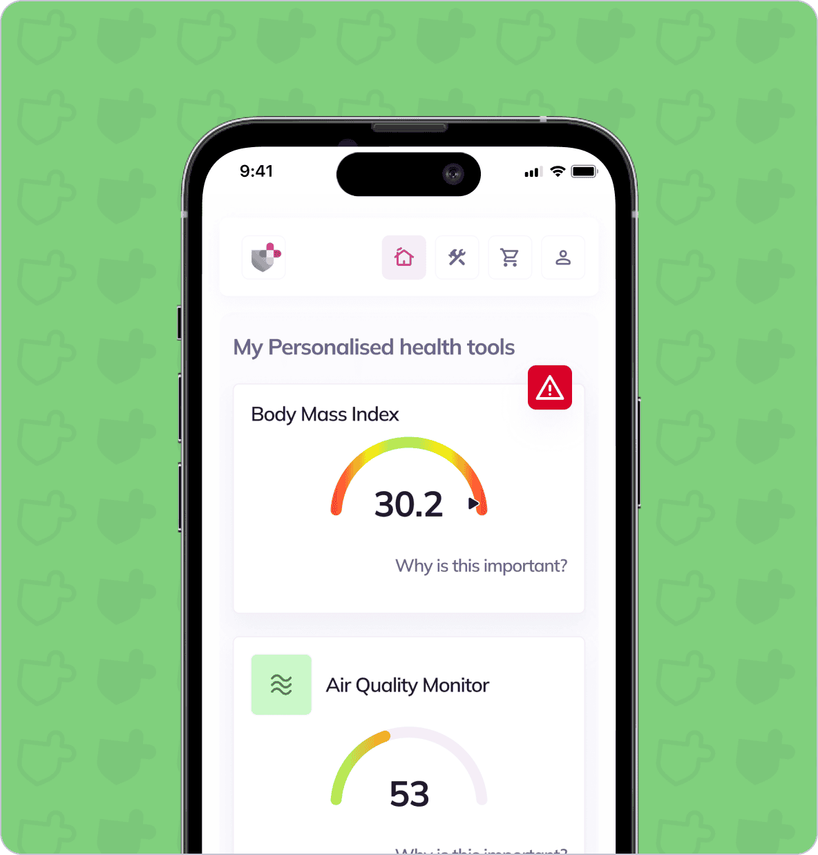A smartphone displays a health app with a Body Mass Index of 30.2 and an Air Quality Monitor reading of 53, both on screen. The background is green with a repeat pattern of shield icons.
