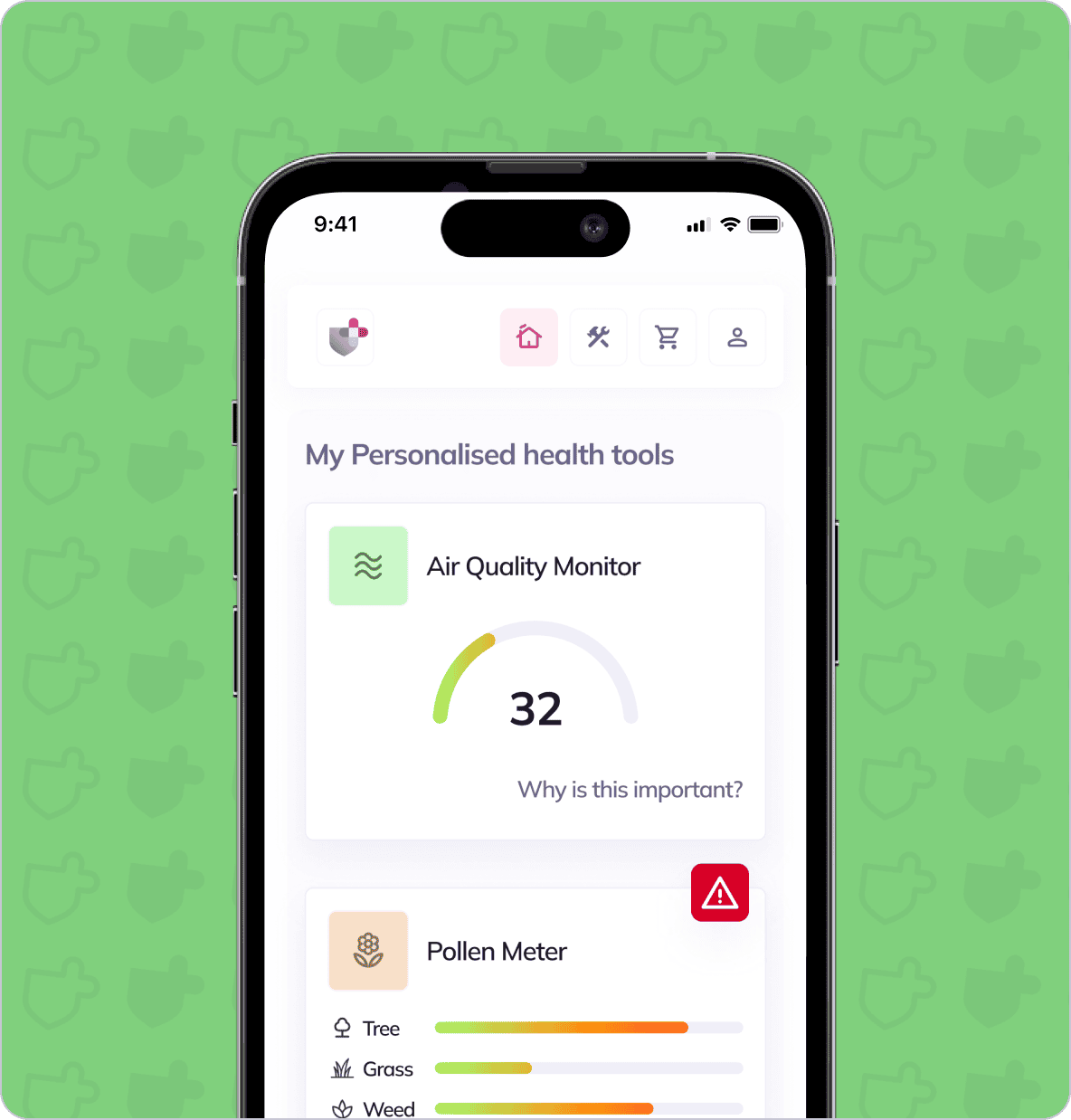 Smartphone screen displaying a health app with an Air Quality Monitor showing a value of 32 and a Pollen Meter indicating levels for tree, grass, and weed pollen against a green background.
