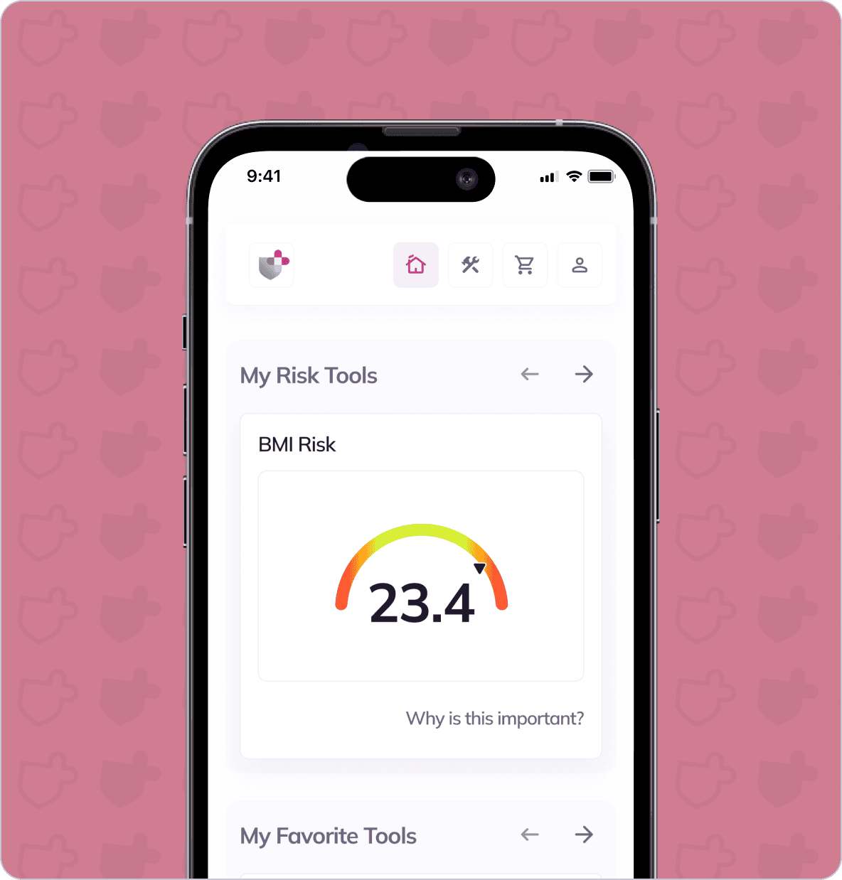 A smartphone screen displaying a health app showing a BMI risk meter with a reading of 23.4. The background is pink with shield icons.