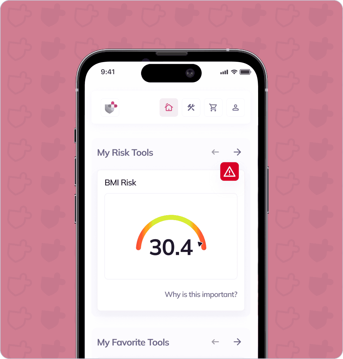 A smartphone screen displays a health app with a BMI Risk tool showing a BMI of 30.4, indicated in a risk category. The background has a pattern of shield icons.