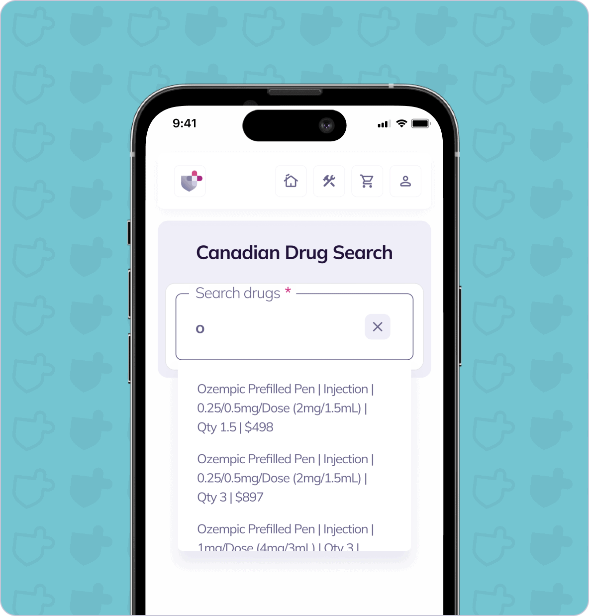 Smartphone display showing a "Canadian Drug Search" webpage with a search bar and a dropdown menu listing various dosages and prices of Ozempic prefilled pens.