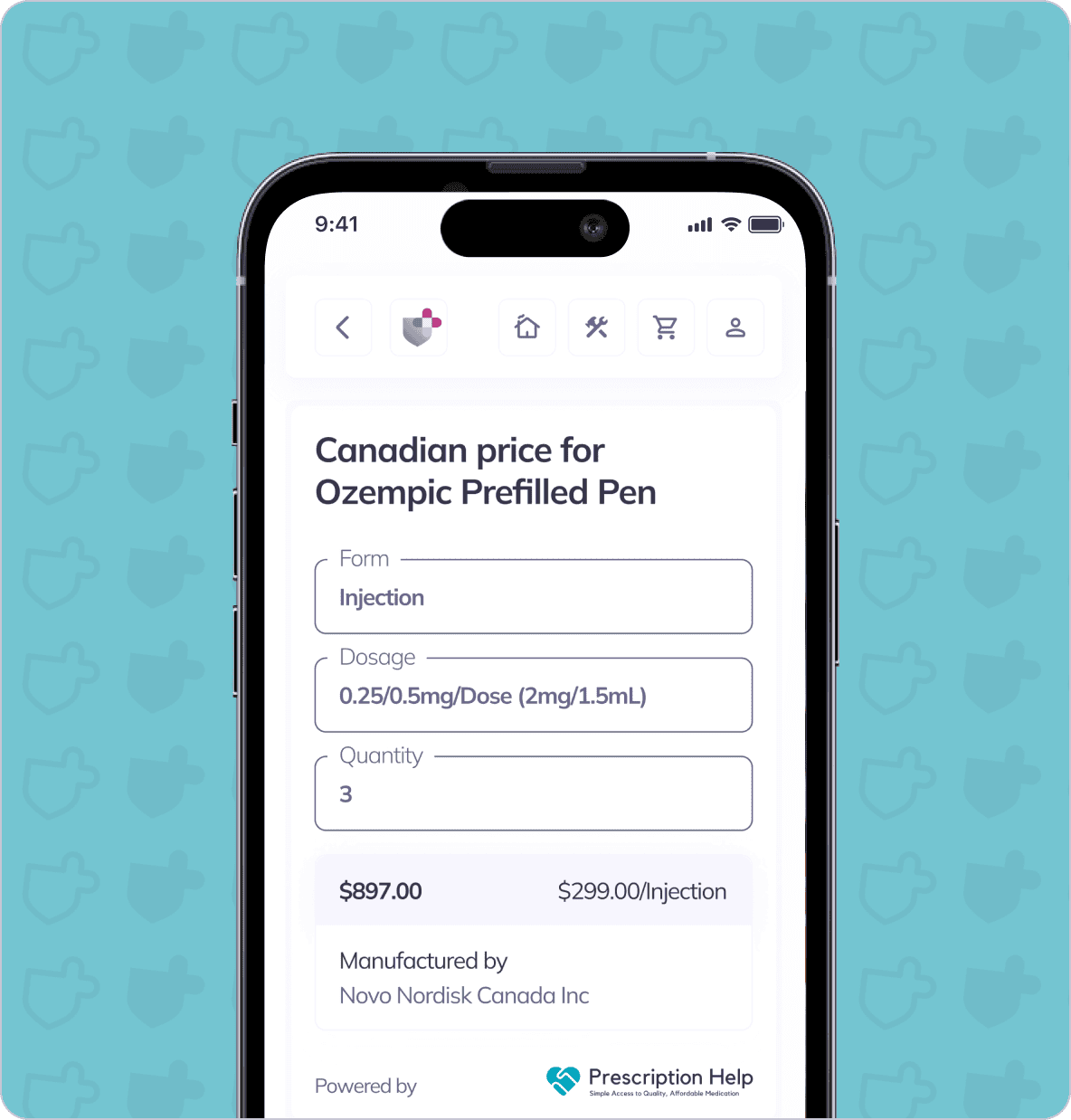 A smartphone screen displays information about the Canadian price for Ozempic Prefilled Pen, showing an injection form with a dosage of 0.25/0.5mg, a quantity of 3, and a total price of $897.