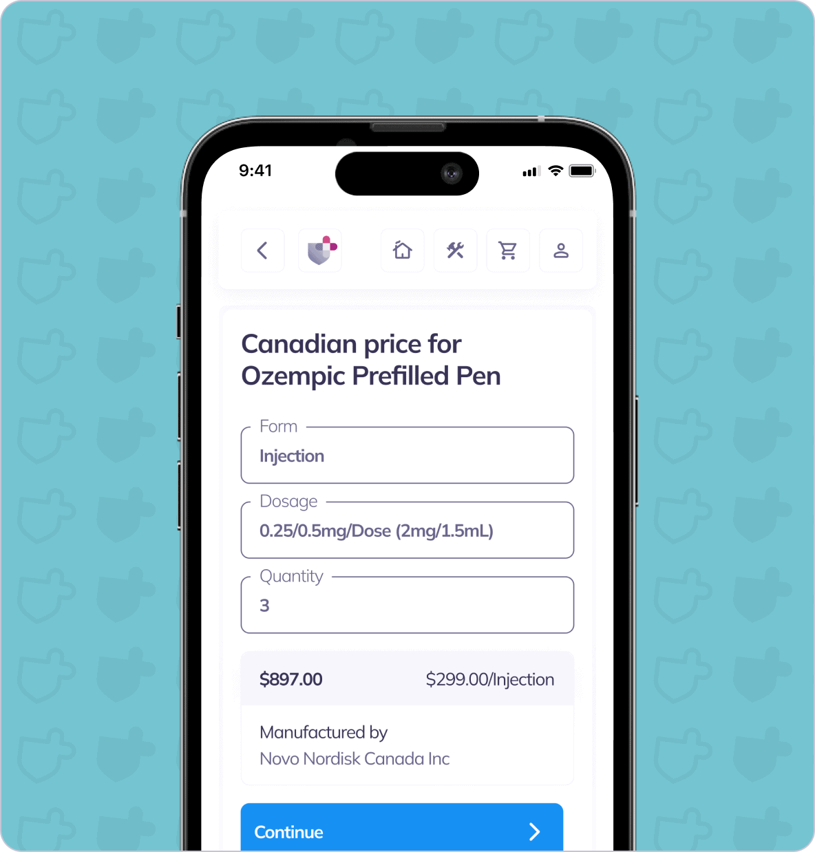 Smartphone screen showing a web page detailing the Canadian price for Ozempic Prefilled Pen. Dosage is 0.25/0.5mg per dose, with a total quantity of 3 injections priced at $897.00.