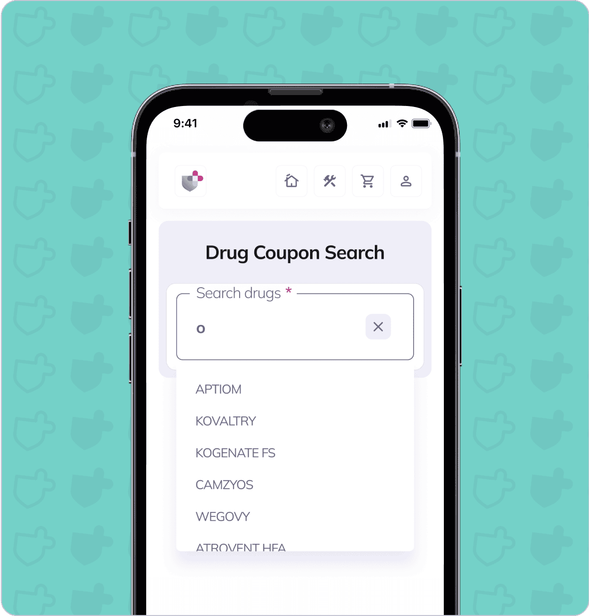 Smartphone screen displaying a drug coupon search interface with a dropdown list of drug names including "Aptiom" and "Wegovy." The background is patterned with shield icons.
