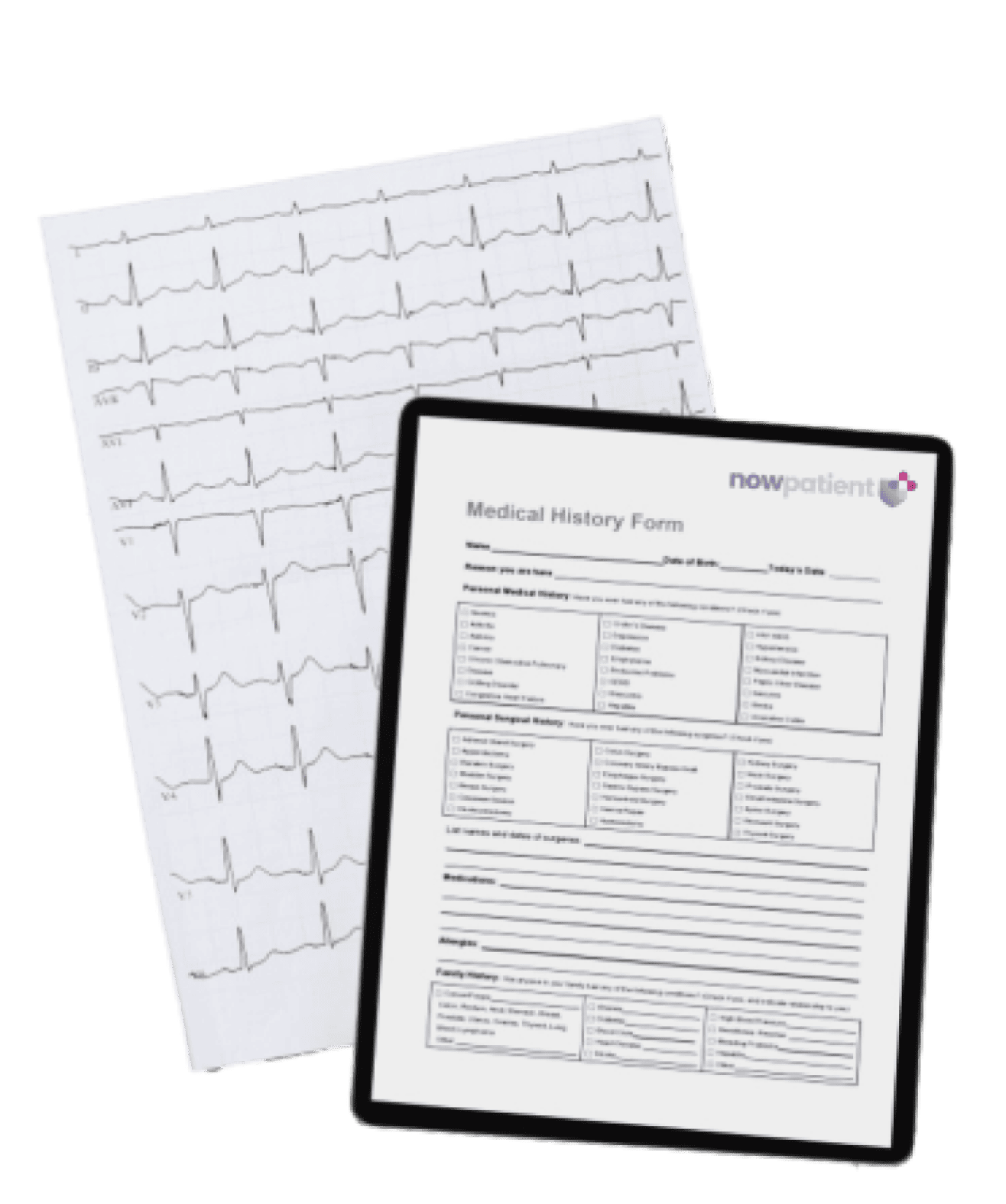 An ECG printout and a digital tablet displaying a medical history form from Now Patient.