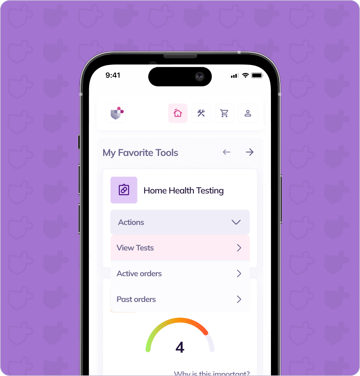 A smartphone screen displays a health app with options such as "Home Health Testing," "Active orders," "Past orders," and a highlighted "View Tests" section. Background features a purple pattern.