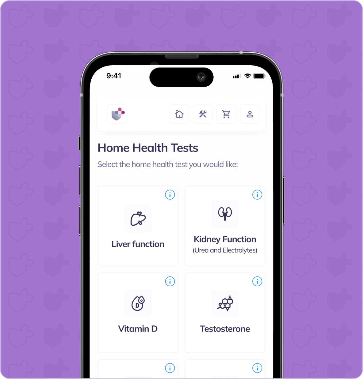 A smartphone screen displaying options for home health tests, including liver function, kidney function, vitamin D, and testosterone, against a purple patterned background.