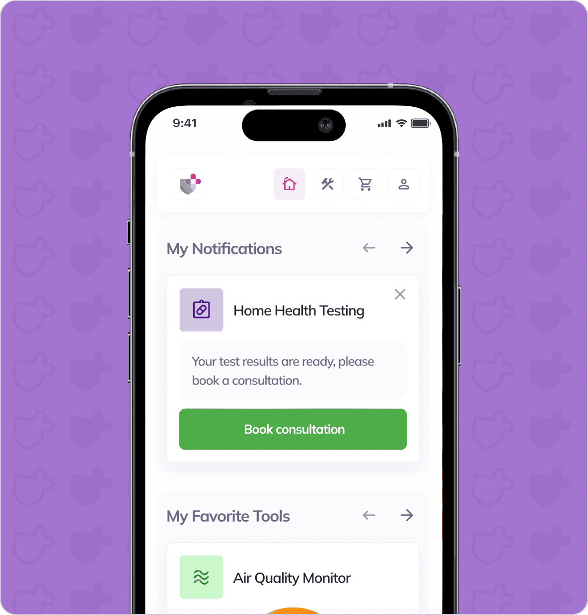 A smartphone screen displaying a health app; a notification for home health testing is visible, prompting the user to book a consultation. The background is purple with shield icons.