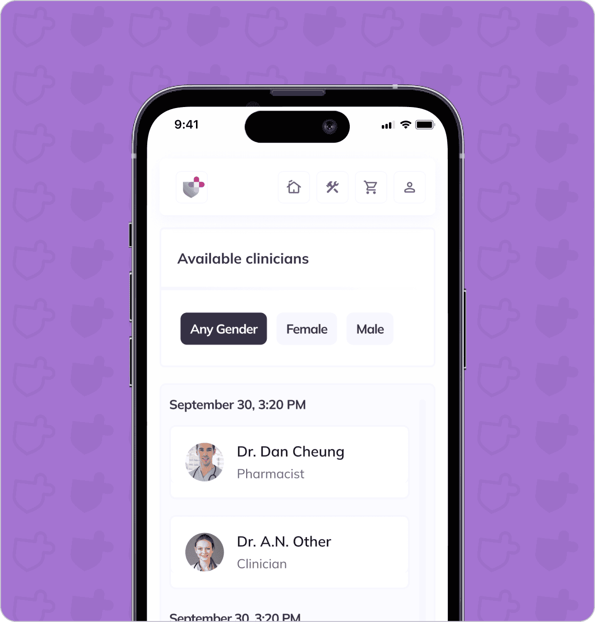 A smartphone screen displays a list of available clinicians, with options to filter by gender. Two clinicians are shown: Dr. Dan Cheung, Pharmacist, and Dr. A. N. Other, Clinician. The background is purple.