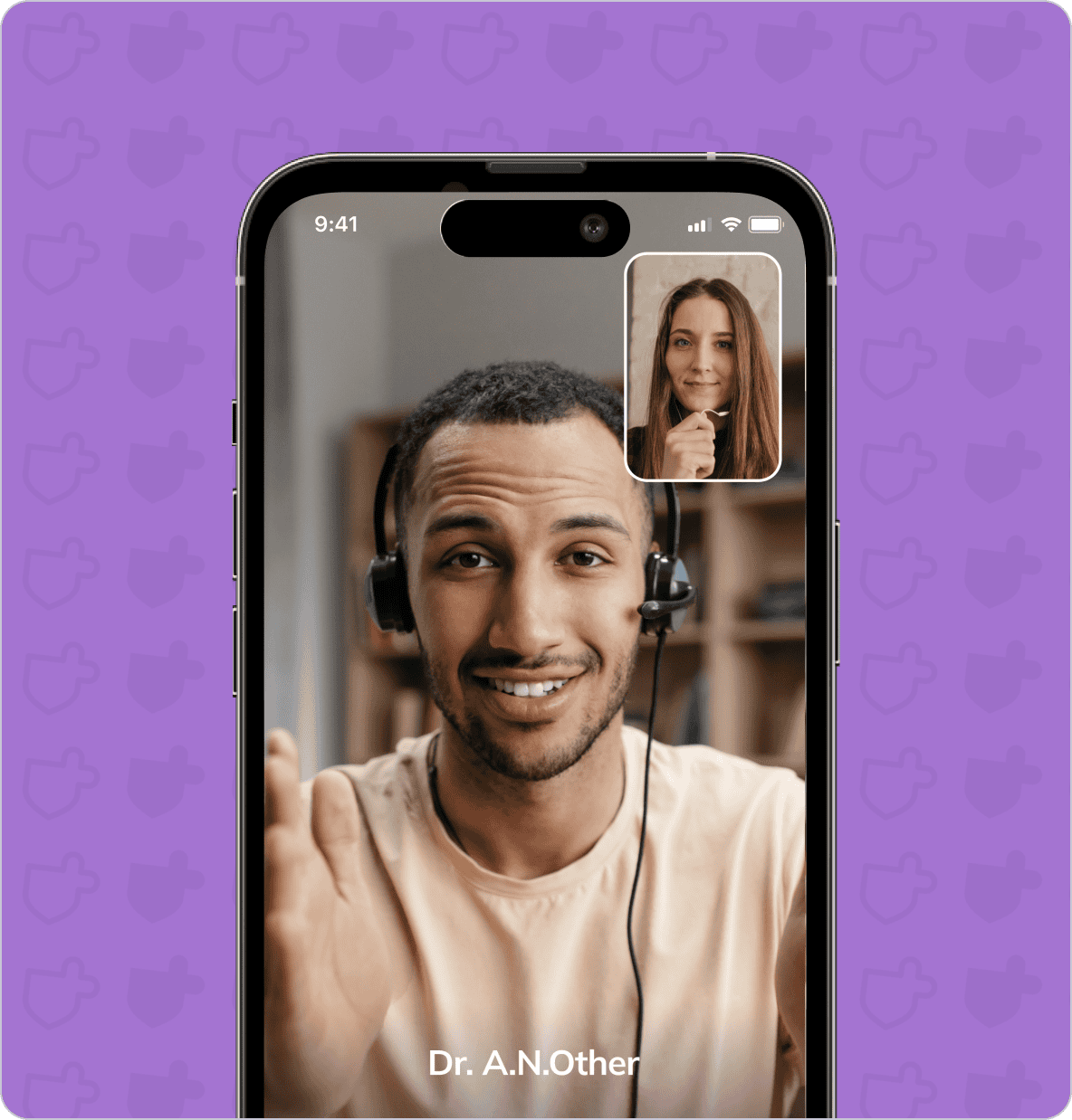 A person with headphones is having a video call with another person displayed in a smaller inset image. The phone screen displays "Dr. A.N.Other." The background is purple with a pattern.