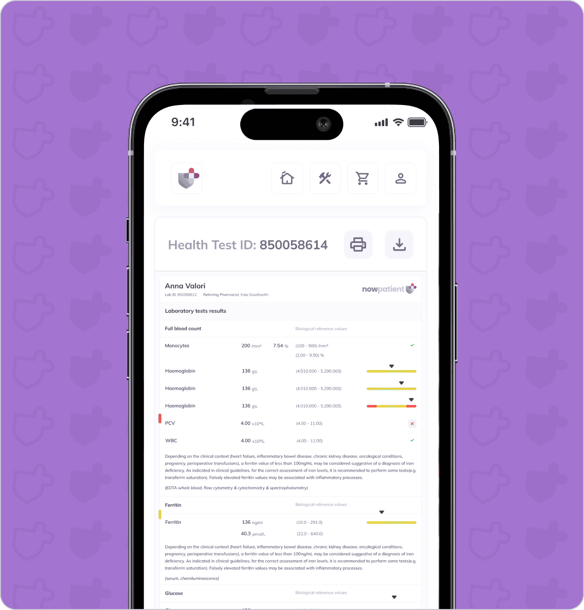 A smartphone displays a health test report with the ID 850058614 against a purple background. The report includes details such as patient name, laboratory test results, and biological reference intervals.