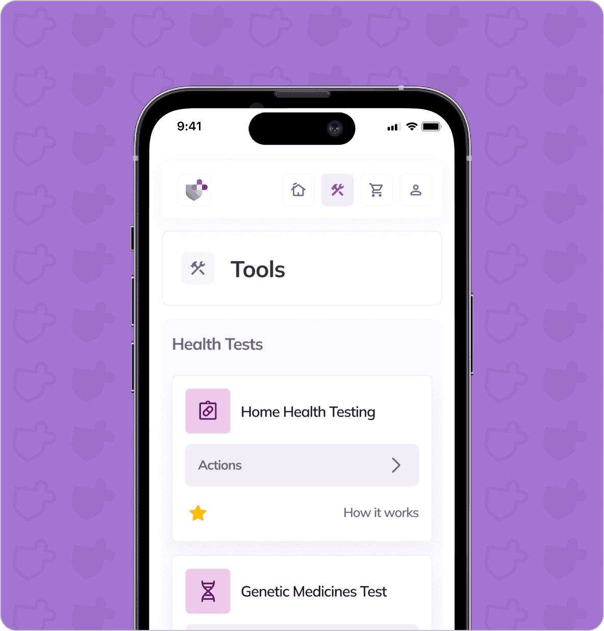 A smartphone screen displaying a health app interface with options for "Home Health Testing" and "Genetic Medicines Test" under the Tools section. The app has a purple background.