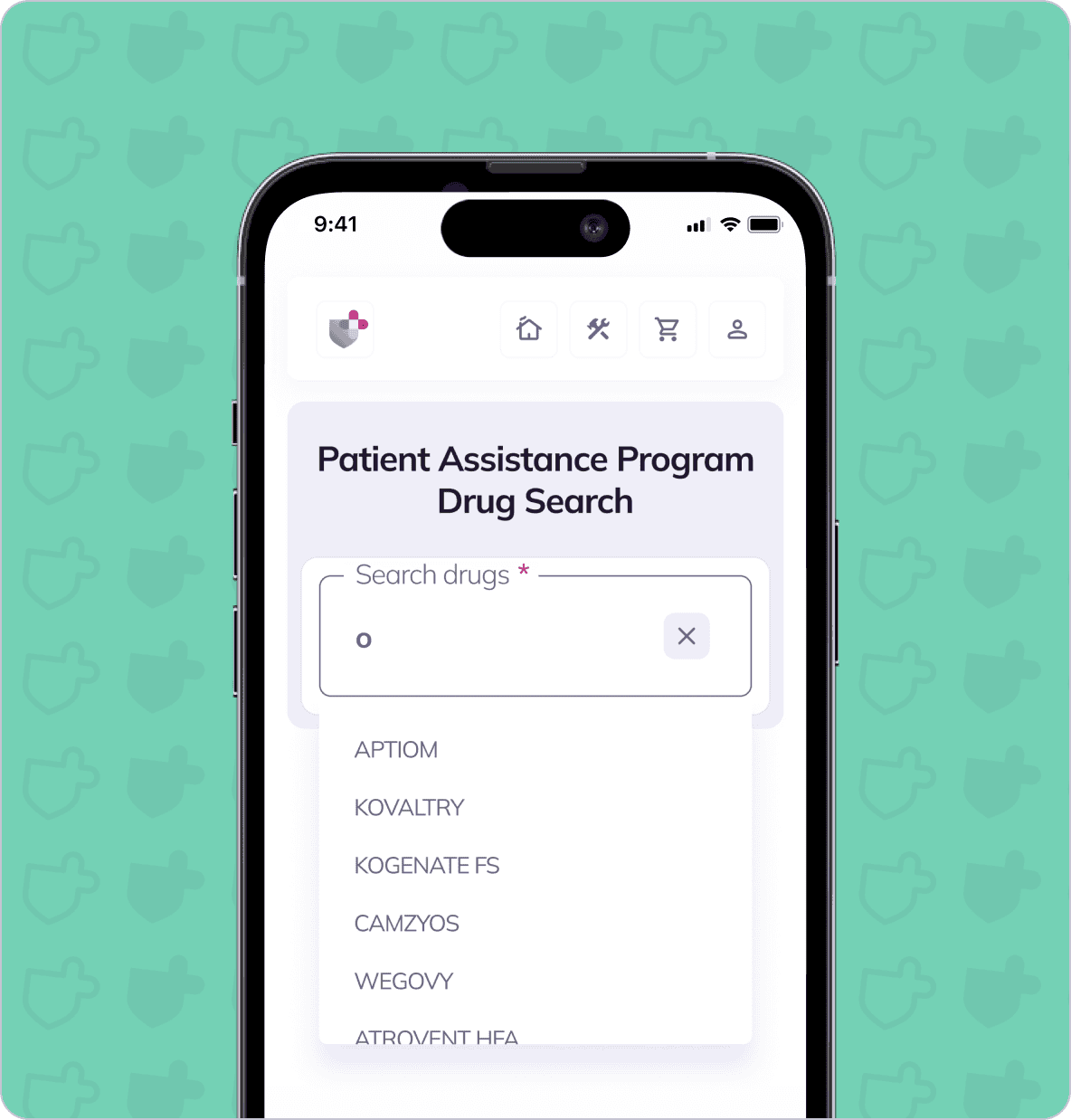 A smartphone screen shows a drug search feature in a Patient Assistance Program app, with drugs like Kovaltry and Camzyos listed. The app has icons/tools at the top and a teal background with shield graphics.