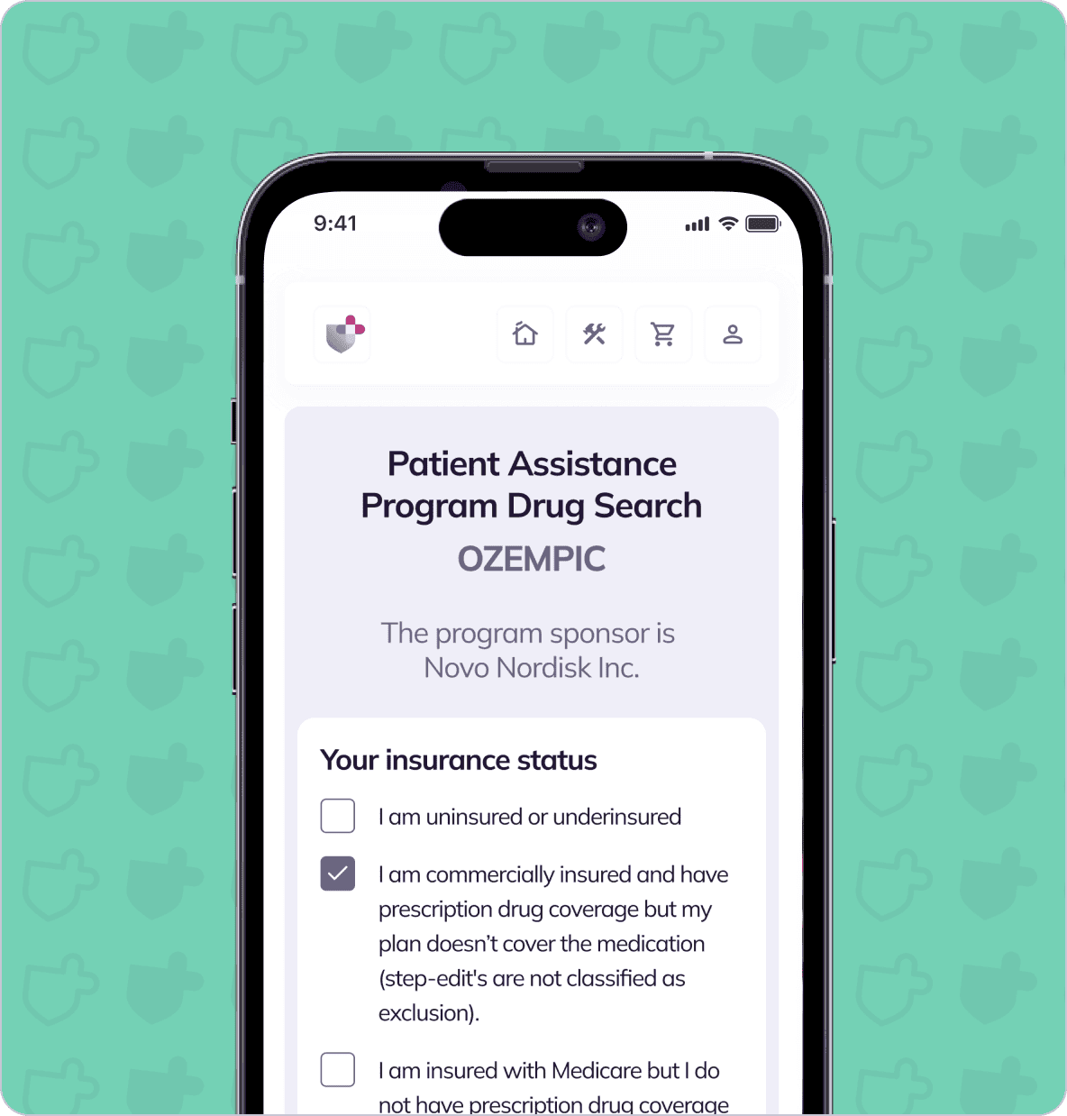 A smartphone display showing a Patient Assistance Program Drug Search for Ozempic, sponsored by Novo Nordisk Inc. The user selects an insurance status option indicating prescription drug coverage.