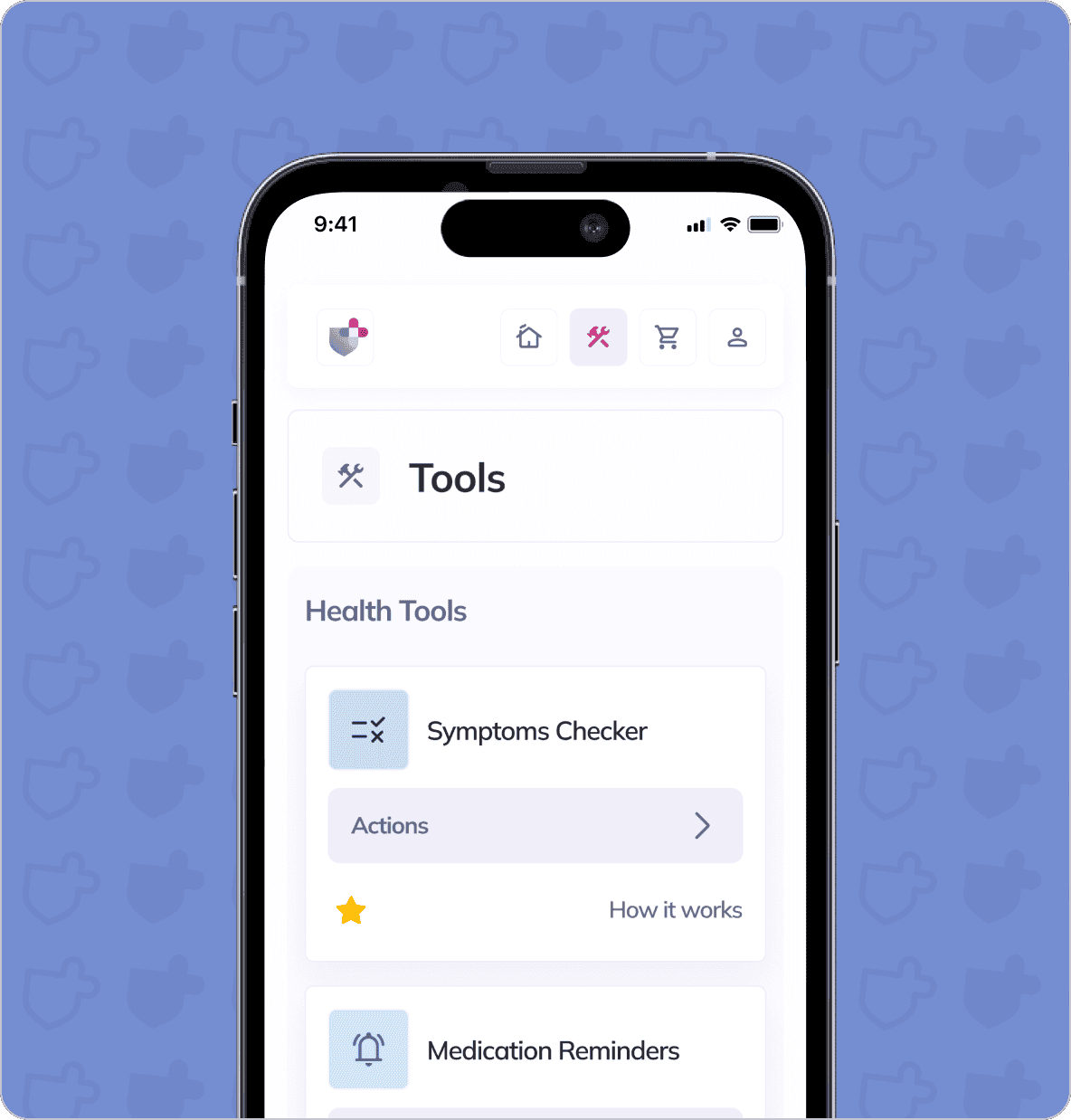 A smartphone screen displaying a health app with tools like "Symptoms Checker" and "Medication Reminders" against a blue background with shield icons.