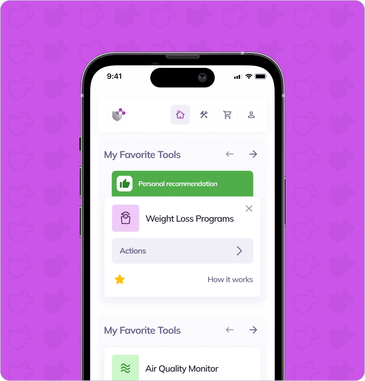 A smartphone screen displays an app with the section "My Favorite Tools". A personal recommendation for "Weight Loss Programs" is highlighted in green. The background is purple with shield icons.