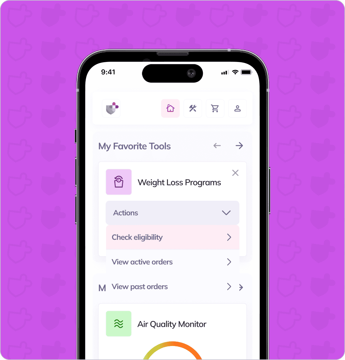 A smartphone screen displaying a health app interface. "My Favorite Tools" section includes options for "Weight Loss Programs" and "Air Quality Monitor" against a purple background with shield icons.