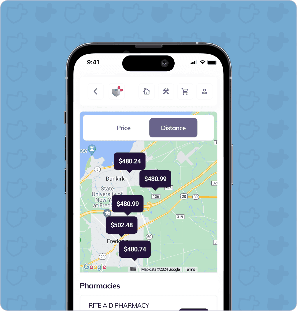 A smartphone screen shows a map with highlighted pharmacy locations and corresponding medication prices, all close to $480.24. The interface allows toggling options for Price and Distance.