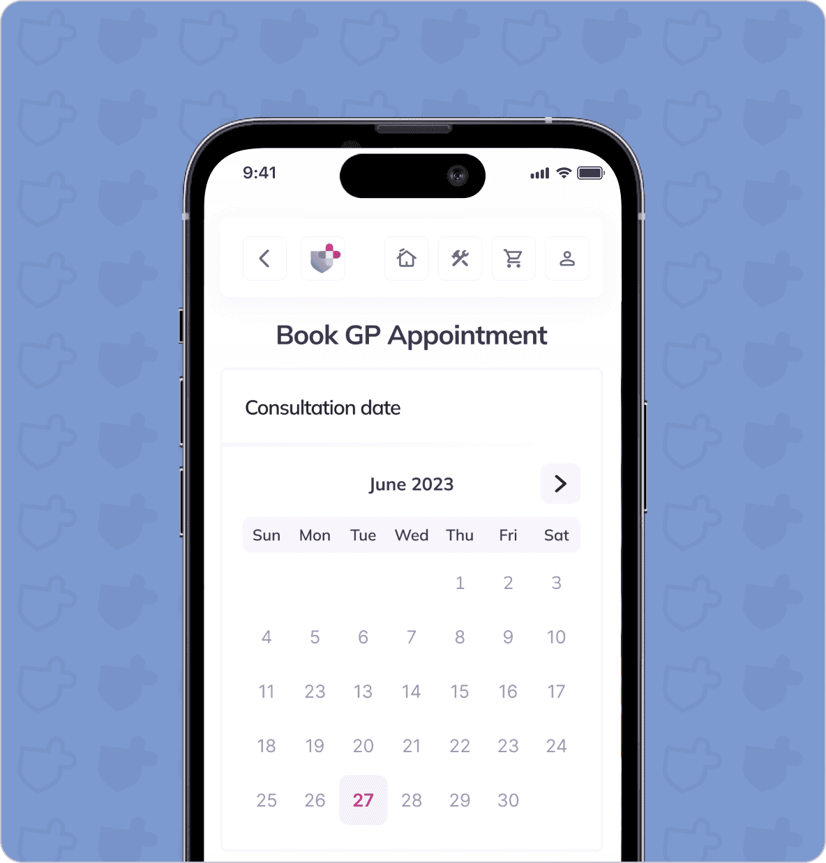 Smartphone screen displaying a "Book GP Appointment" interface with a calendar set to June 2023. The 27th is highlighted in red.