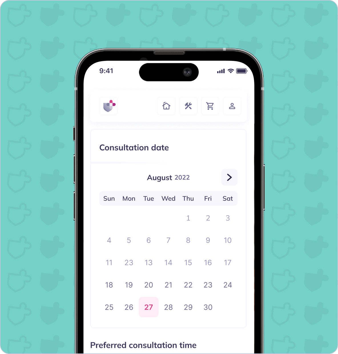 A smartphone screen shows a consultation date booking interface for August 2022, with the 27th highlighted. Icons for home, calendar, prescription, and shopping cart are at the top.