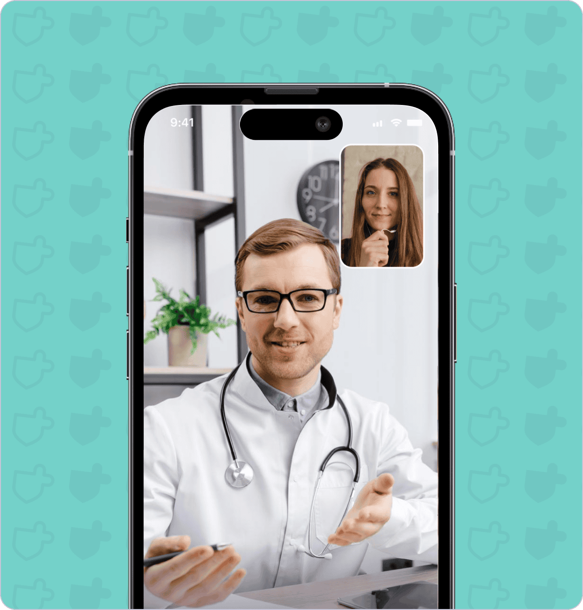 A doctor in a white coat with a stethoscope around his neck converses via video call with a woman appearing in a smaller window on a smartphone screen with a teal background.