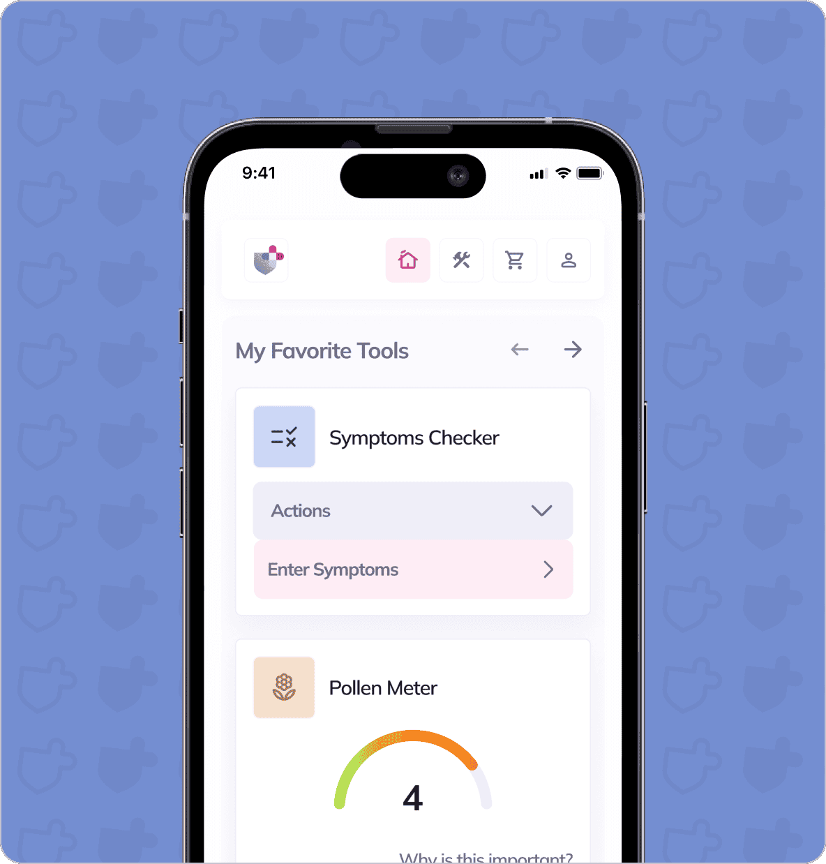 A smartphone displaying a health app interface on the screen, showing options for a symptom checker, actions, and a pollen meter. The background is a blue pattern with shield icons.